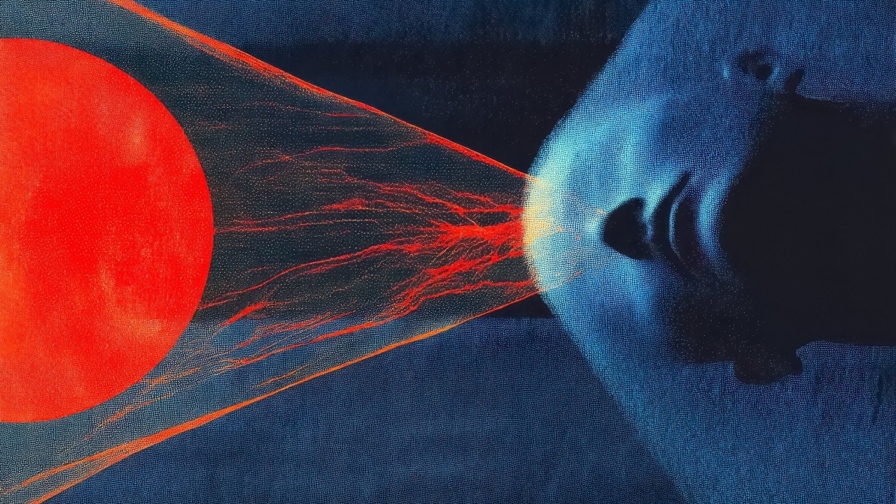 A human profile facing a red sphere connected by streams of light
