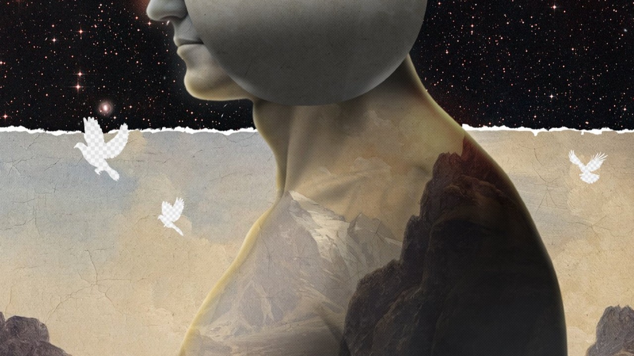 A human figure against a star field and mountain landscape