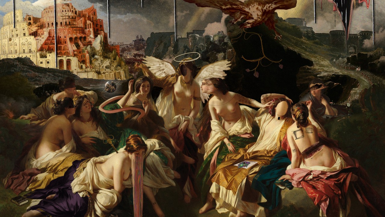 A surreal gathering of angels before a dark city and tower