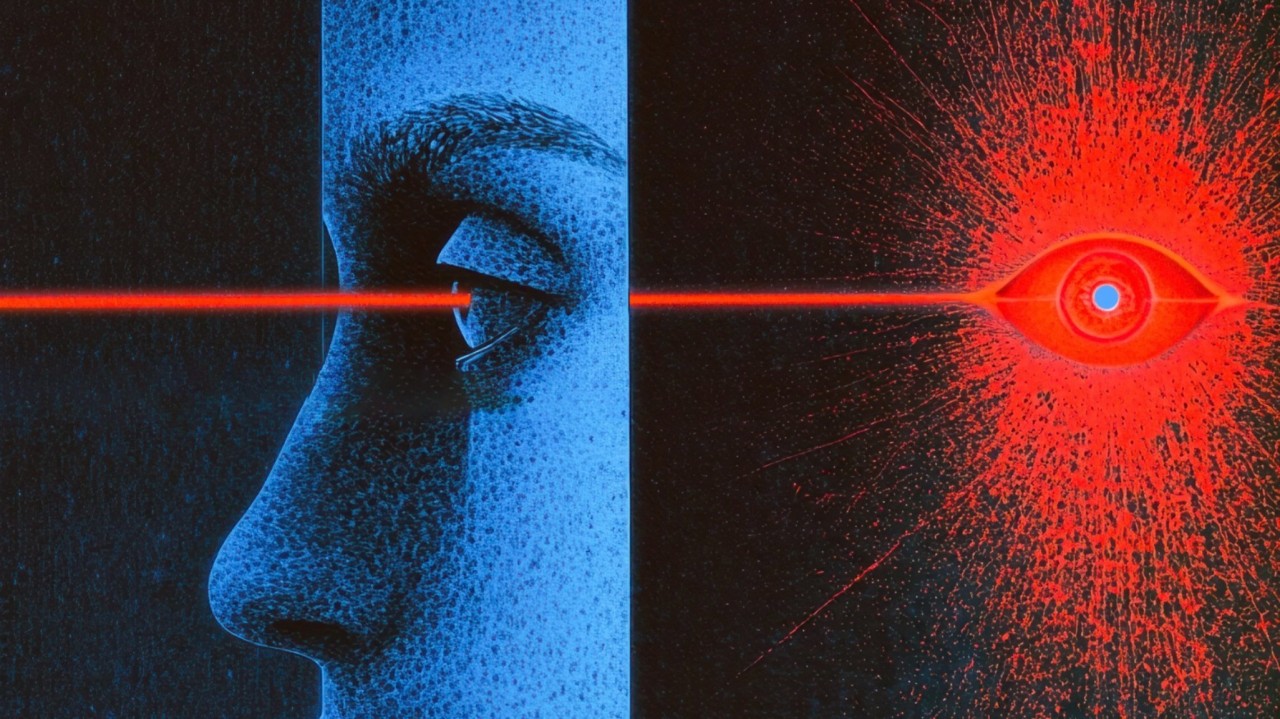 A blue human profile facing a bright red artificial eye
