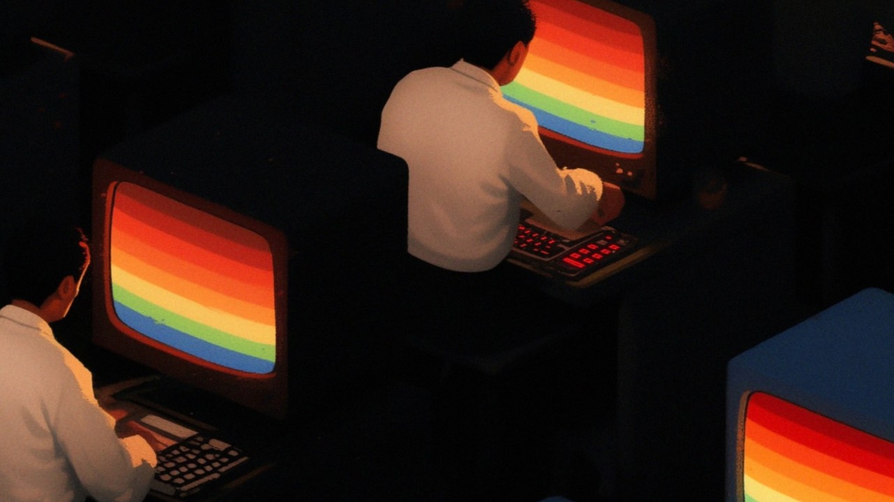 Three people working at glowing computer terminals in a dark room