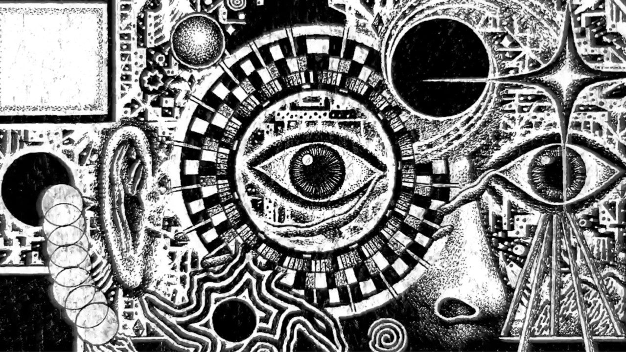 A monochrome mechanical collage centred on a human eye